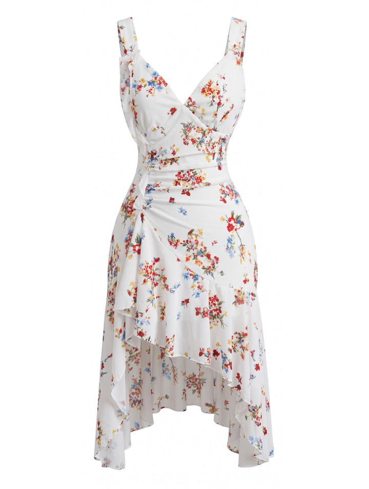 White 1960s Floral V Neck Dress 3