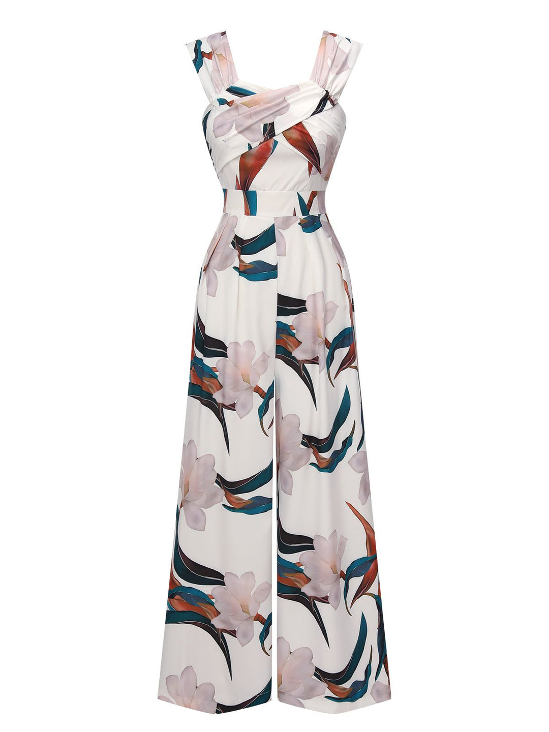 White 1960s Floral Square Neck Jumpsuit, vintage romper, retro jumpsuit - perfect for women who love vintage and retro fashion