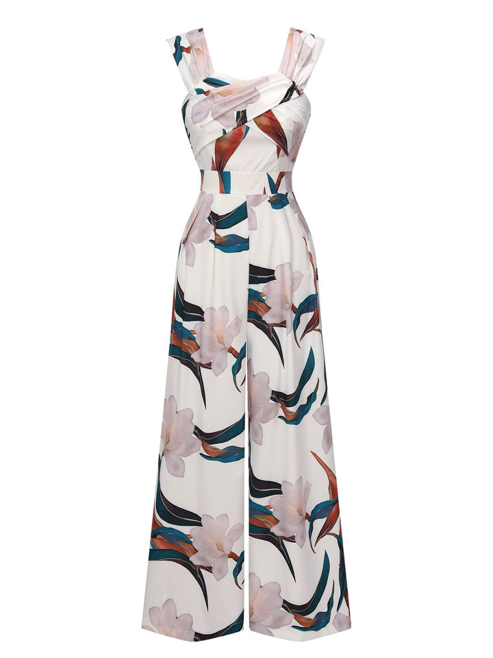 White 1960s Floral Square Neck Jumpsuit, vintage romper, retro jumpsuit - perfect for women who love vintage and retro fashion