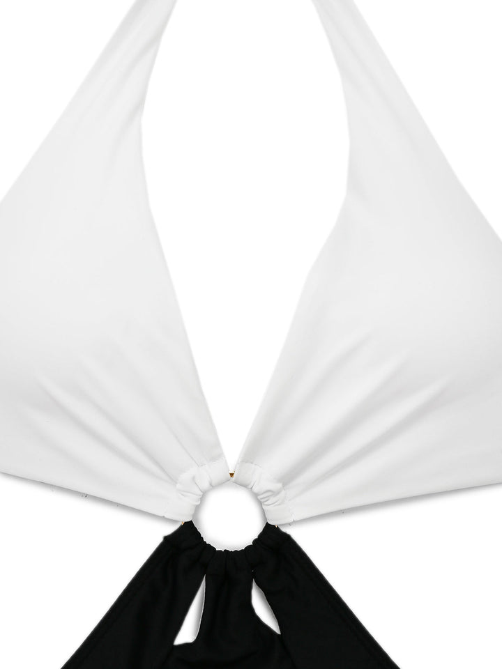 White 1960s Halter Deep V-Neck One-Piece Swimsuit — 1960s poolside glamour meets sun-drenched confidence