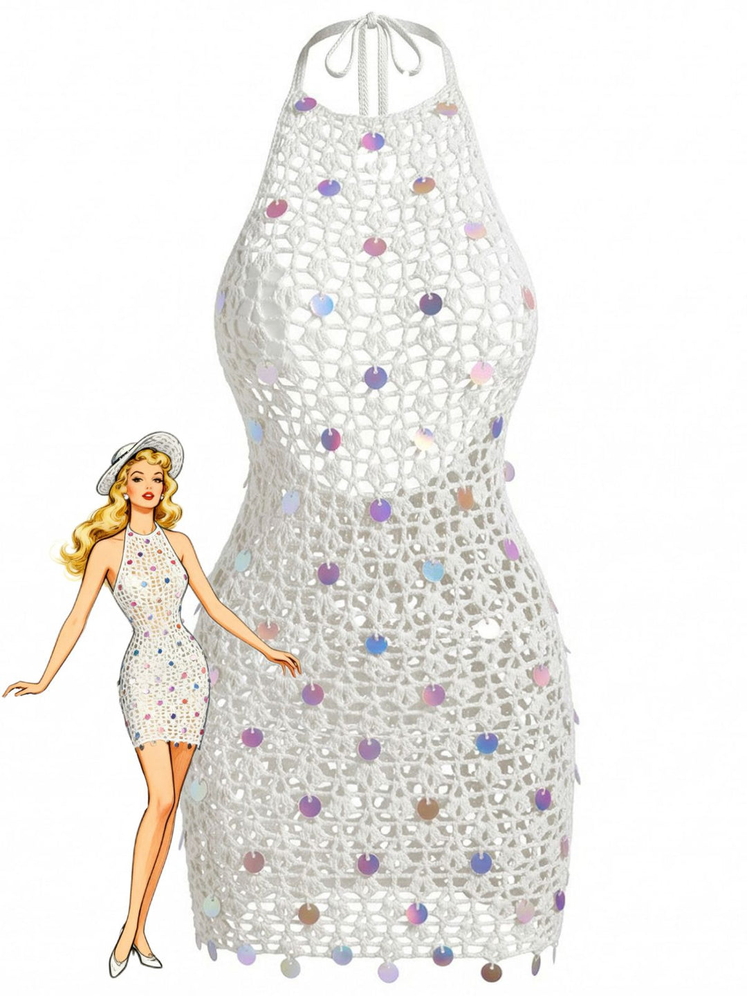 White 1960s Sequin Crochet Hollow Out Cover Up 4