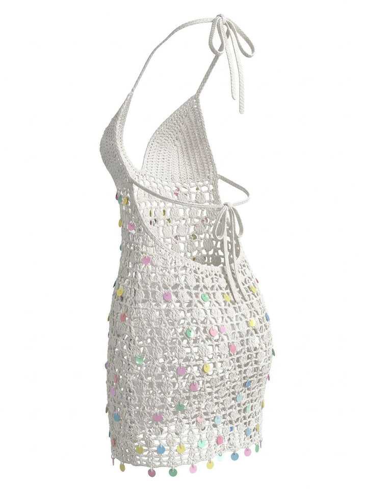 White 1960s Sequin Crochet Hollow Out Cover Up 3