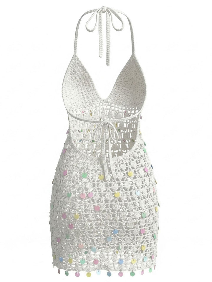 White 1960s Sequin Crochet Hollow Out Cover Up 2