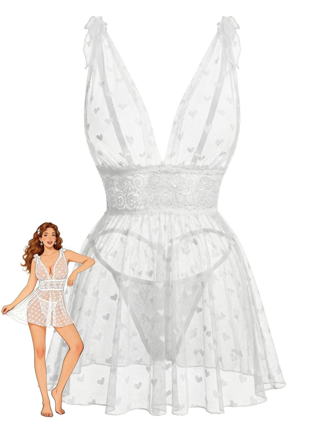 White Heart Dot Sheer Lace Sleepwear Set - vintage nightgown, retro sleepwear, pure white