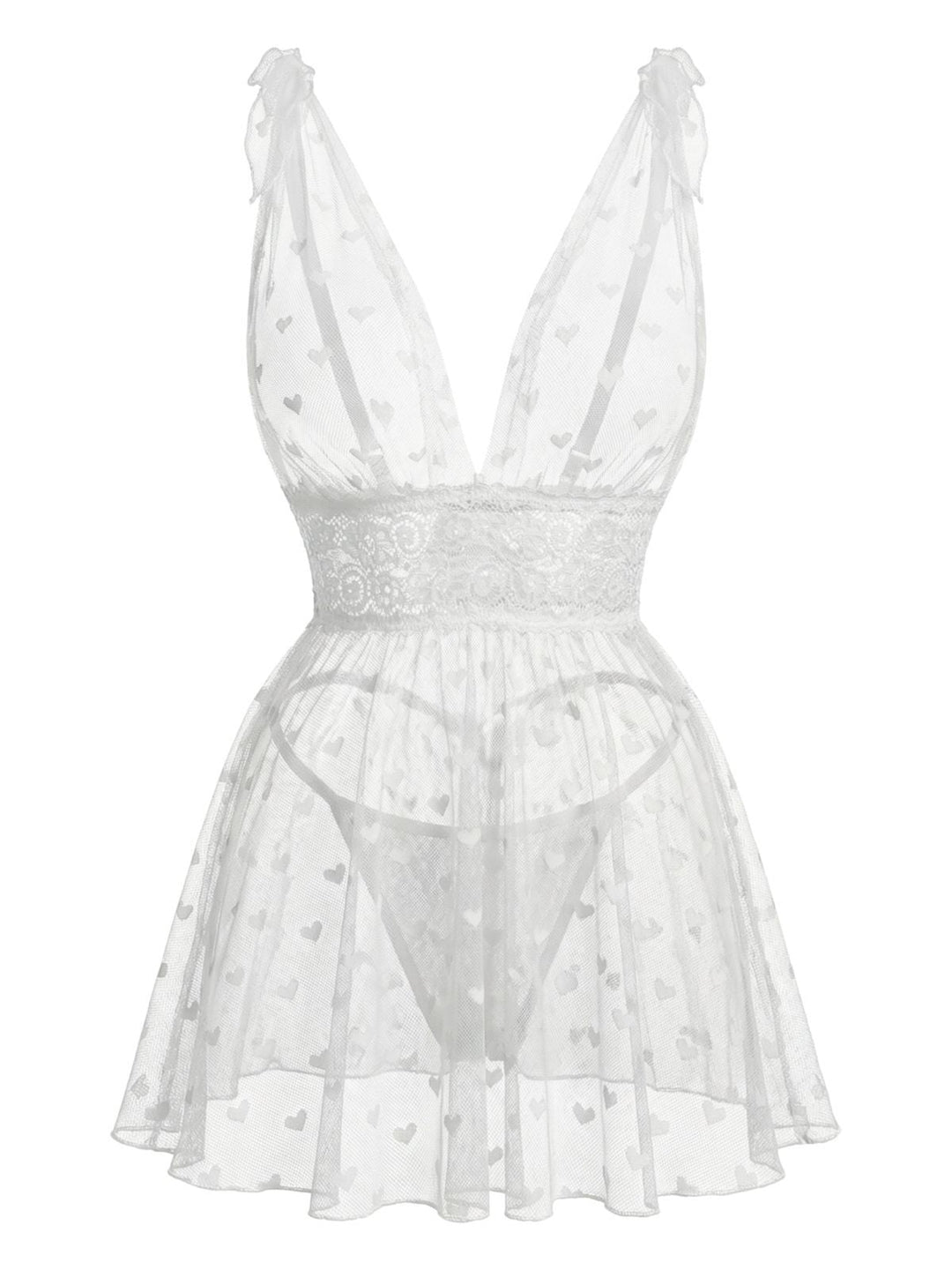 White Heart Dot Sheer Lace Sleepwear Set - vintage nightgown, retro sleepwear, pure white