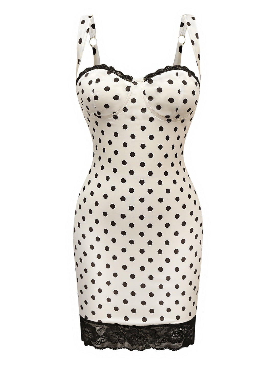 She slips into this White 1960s Polka Dots Lace Patchwork Bodycon Dress and suddenly it&