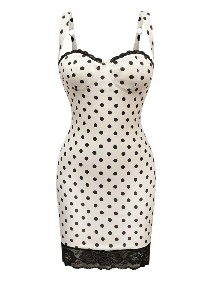 She slips into this White 1960s Polka Dots Lace Patchwork Bodycon Dress and suddenly it&