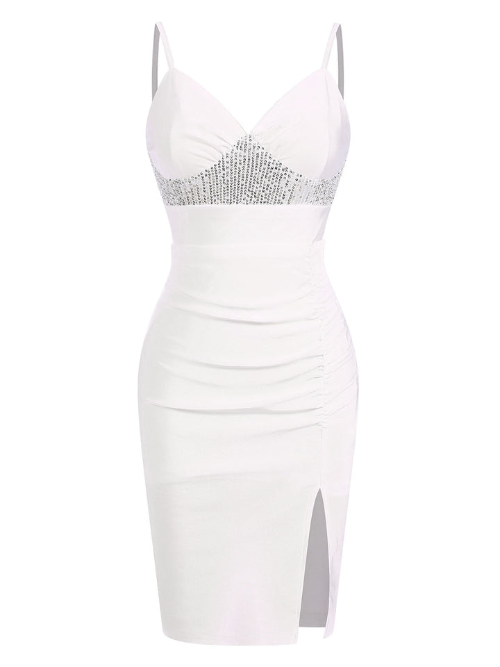 White 1960s Sequins Splicing Slit Dress, vintage dress, retro fashion - perfect for women who love vintage and retro fashion