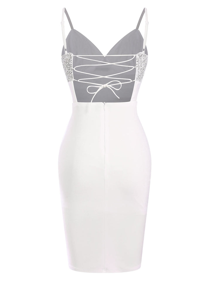White 1960s Sequins Splicing Slit Dress, vintage dress, retro fashion - perfect for women who love vintage and retro fashion