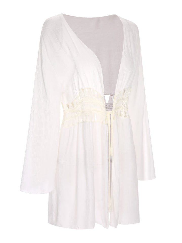 White 1960s Solid Hollow Waist Cover Up, bohemian cover up, beach wear - perfect for women who love vintage and retro fashion