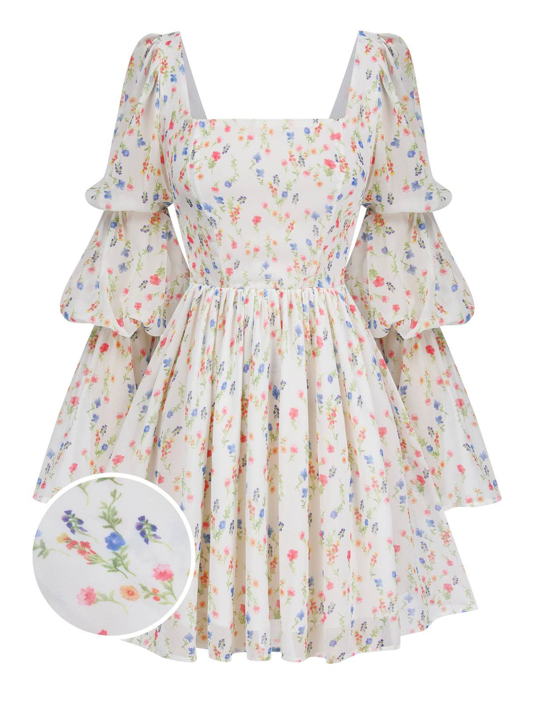 She slips into this White 1960s Square Neck Puff Ditsy Floral Dress and suddenly it&