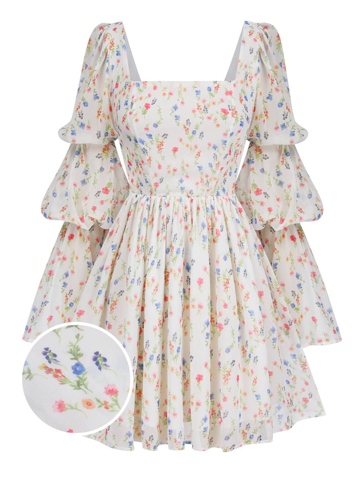 She slips into this White 1960s Square Neck Puff Ditsy Floral Dress and suddenly it&