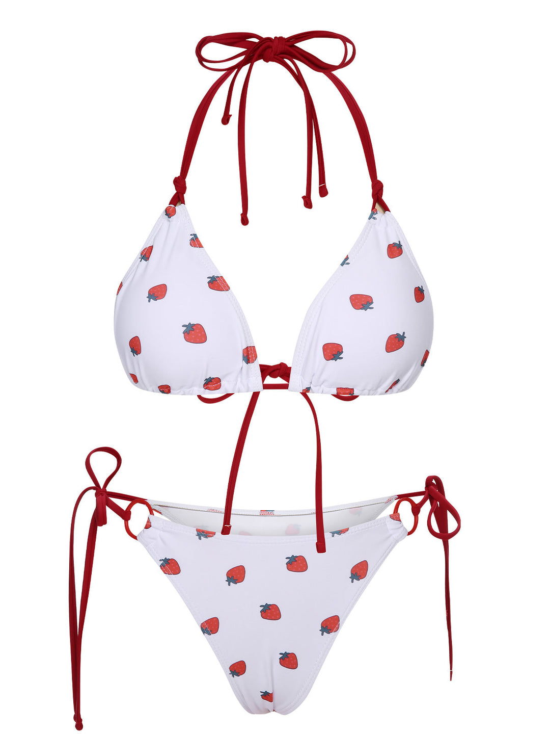 White 1960s Strawberry Lace-Up Halter Bikini Set, vintage swimsuit, pin-up swimwear - perfect for women who love vintage and retro fashion