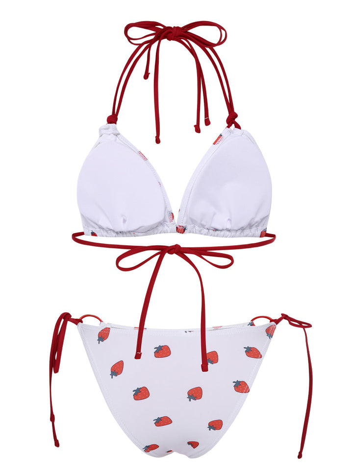 White 1960s Strawberry Lace-Up Halter Bikini Set, vintage swimsuit, pin-up swimwear - perfect for women who love vintage and retro fashion