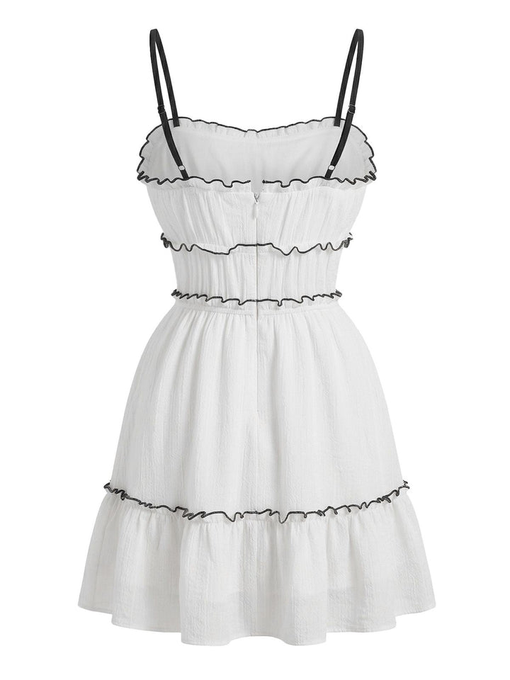 White 1960s Textured Ruffled Spaghetti Strap Mini Dress, vintage dress, retro fashion - perfect for women who love vintage and retro fashion