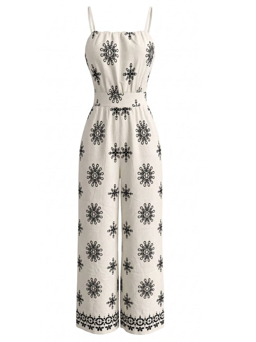 White 1970s Bohemian Spaghetti Strap Smocked Jumpsuit, vintage romper, retro jumpsuit - perfect for women who love vintage and retro fashion