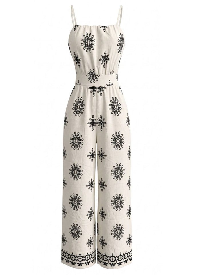 White 1970s Bohemian Spaghetti Strap Smocked Jumpsuit, vintage romper, retro jumpsuit - perfect for women who love vintage and retro fashion