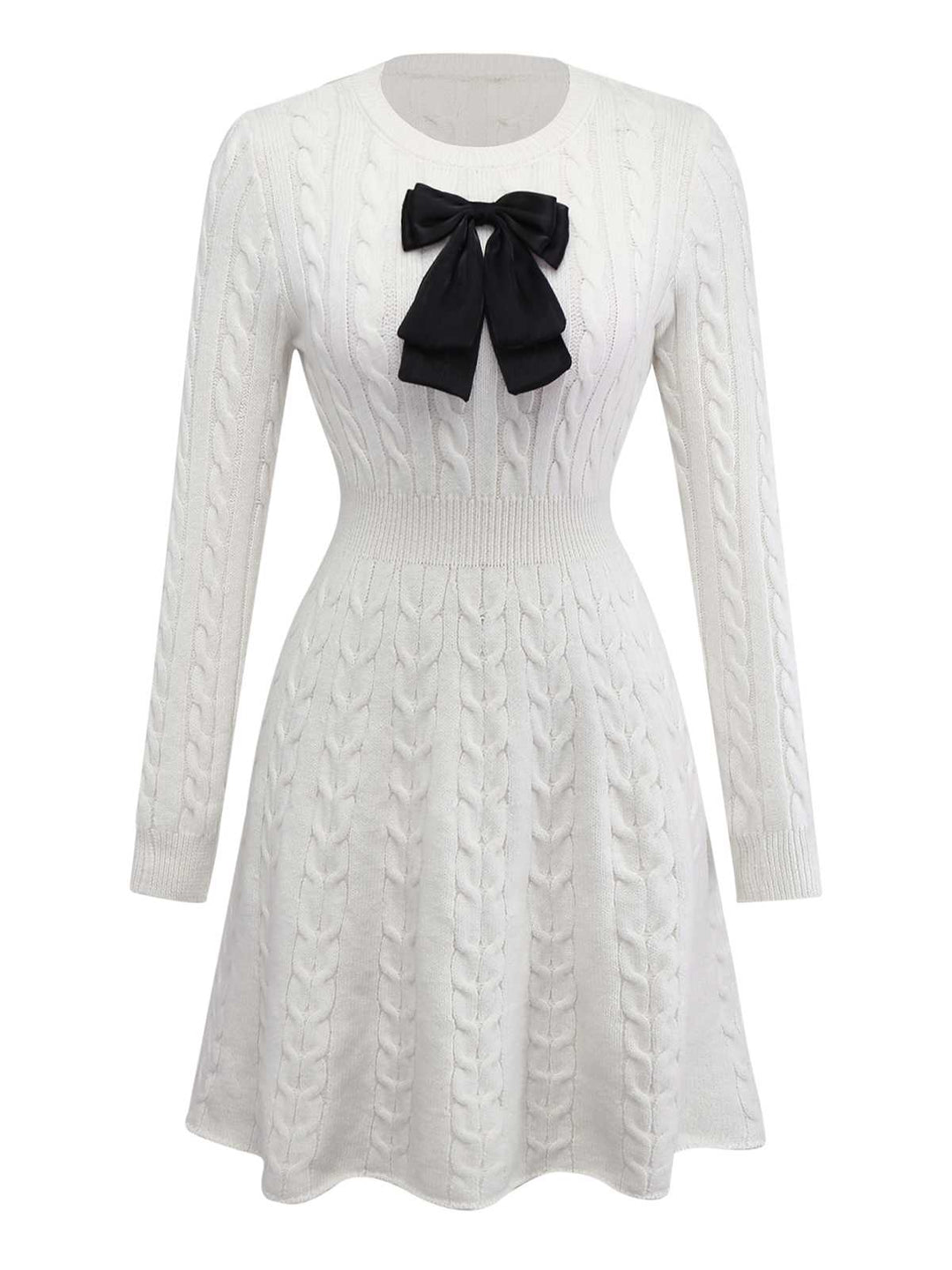 White 1970s Bow Decor Knit Sweater Dress - vintage dress, retro fashion, pure white