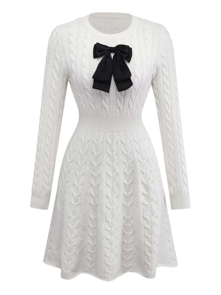 White 1970s Bow Decor Knit Sweater Dress - vintage dress, retro fashion, pure white