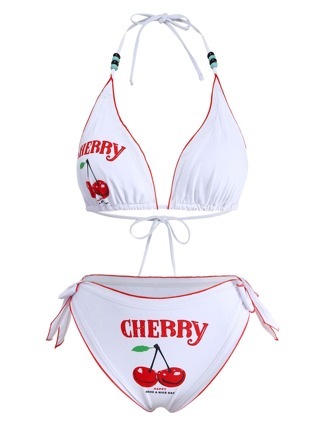 White 1970s Cherry Print Tie-Halter Bikini Set - vintage fashion, retro style, pure white
