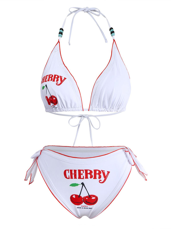 White 1970s Cherry Print Tie-Halter Bikini Set - vintage fashion, retro style, pure white