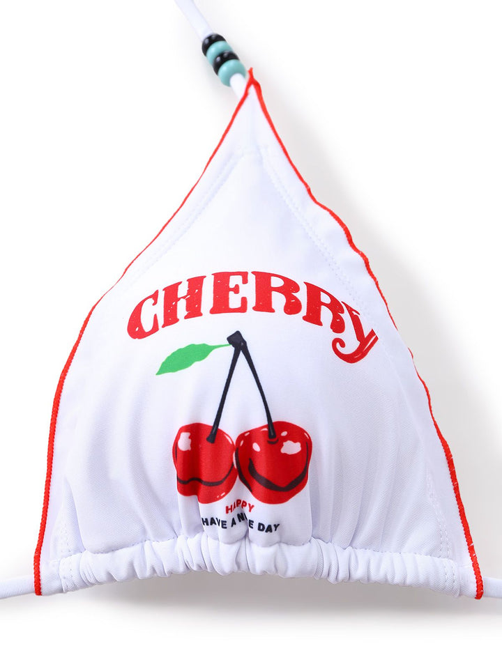 White 1970s Cherry Print Tie-Halter Bikini Set - vintage fashion, retro style, pure white