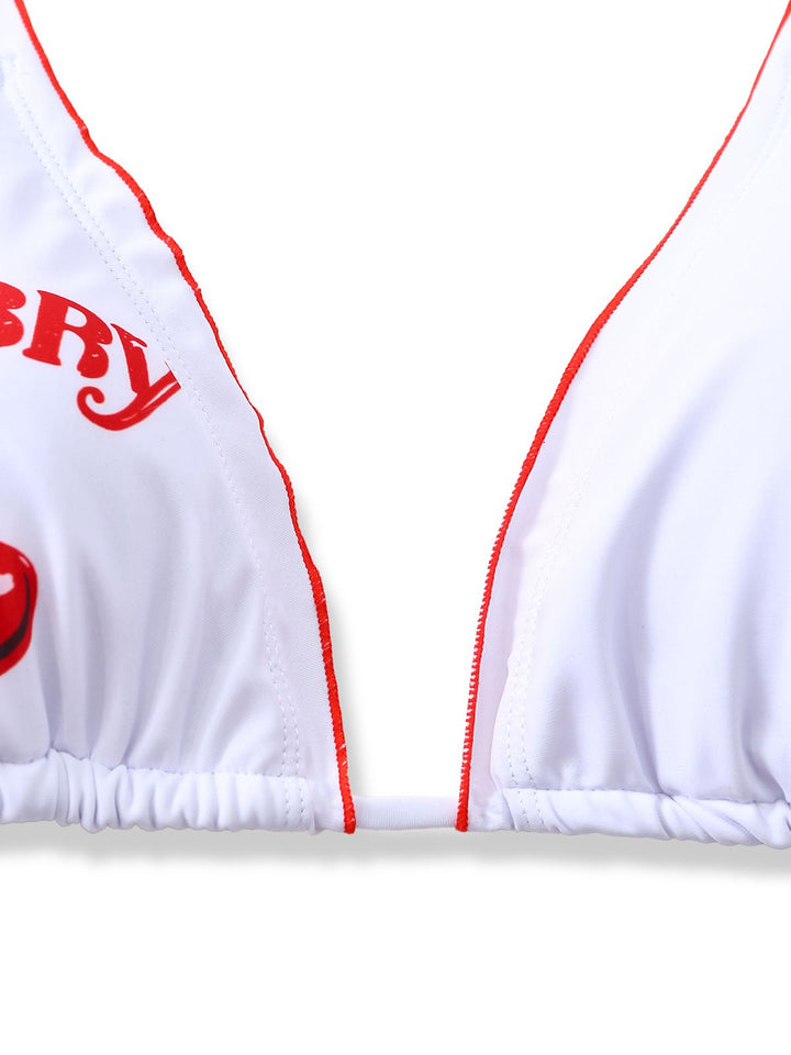 White 1970s Cherry Print Tie-Halter Bikini Set - vintage fashion, retro style, pure white