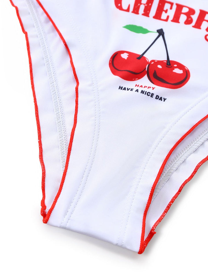 White 1970s Cherry Print Tie-Halter Bikini Set - vintage fashion, retro style, pure white