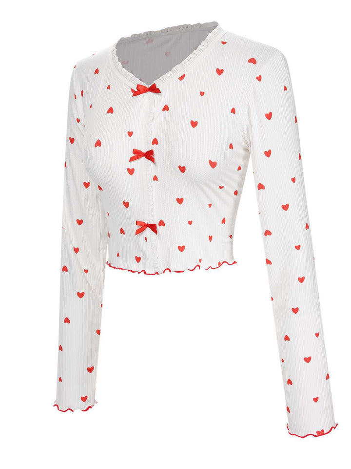 White Curled Heart Bow Long Sleeve Pajamas — style that transcends decades