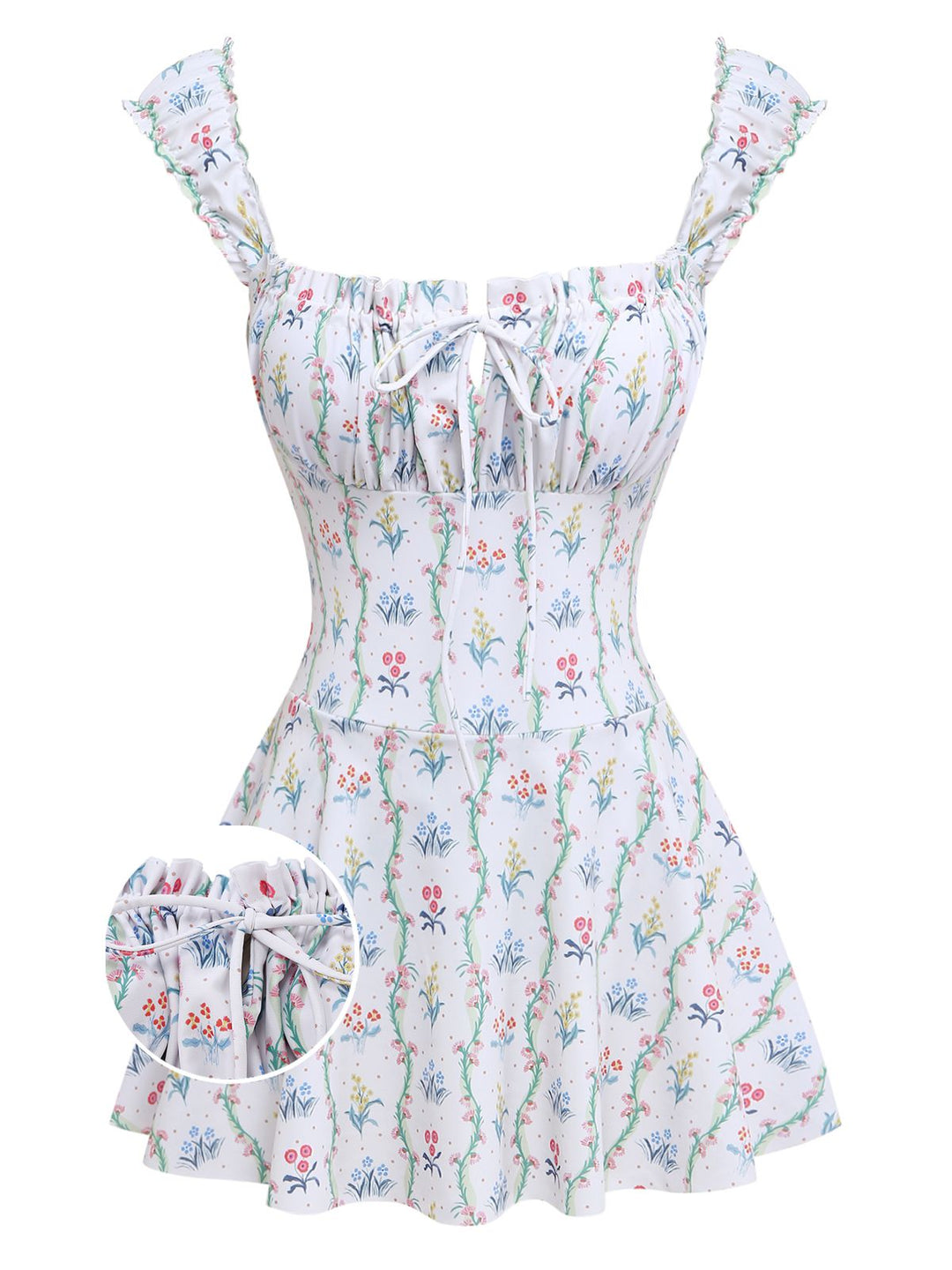 White 1970s Floral Ruffle Cap-Sleeve Square-Neck Swimdress - vintage dress, retro fashion, elegant style for vintage lovers