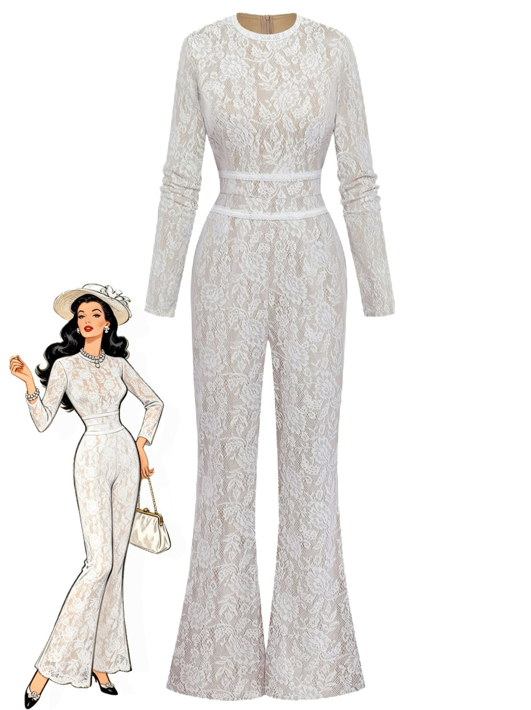 White 1970s Lace Long-Sleeve Flared Legs Jumpsuit - vintage jumpsuit, retro fashion, elegant red