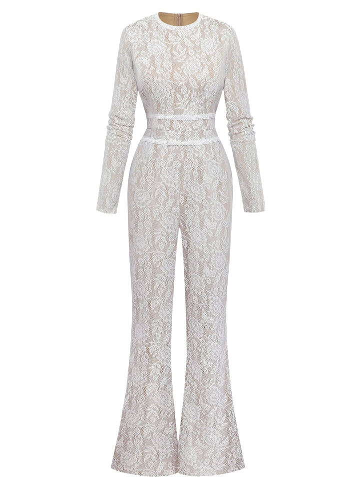 White 1970s Lace Long-Sleeve Flared Legs Jumpsuit - vintage jumpsuit, retro fashion, elegant red
