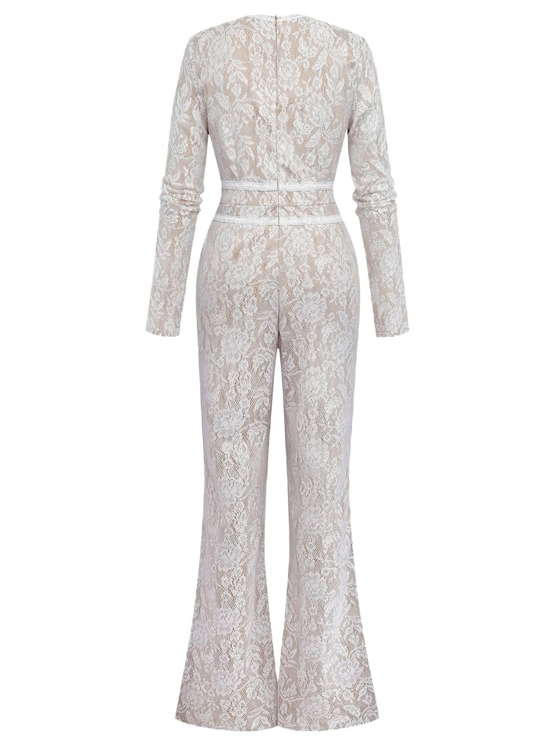 White 1970s Lace Long-Sleeve Flared Legs Jumpsuit - vintage jumpsuit, retro fashion, elegant red
