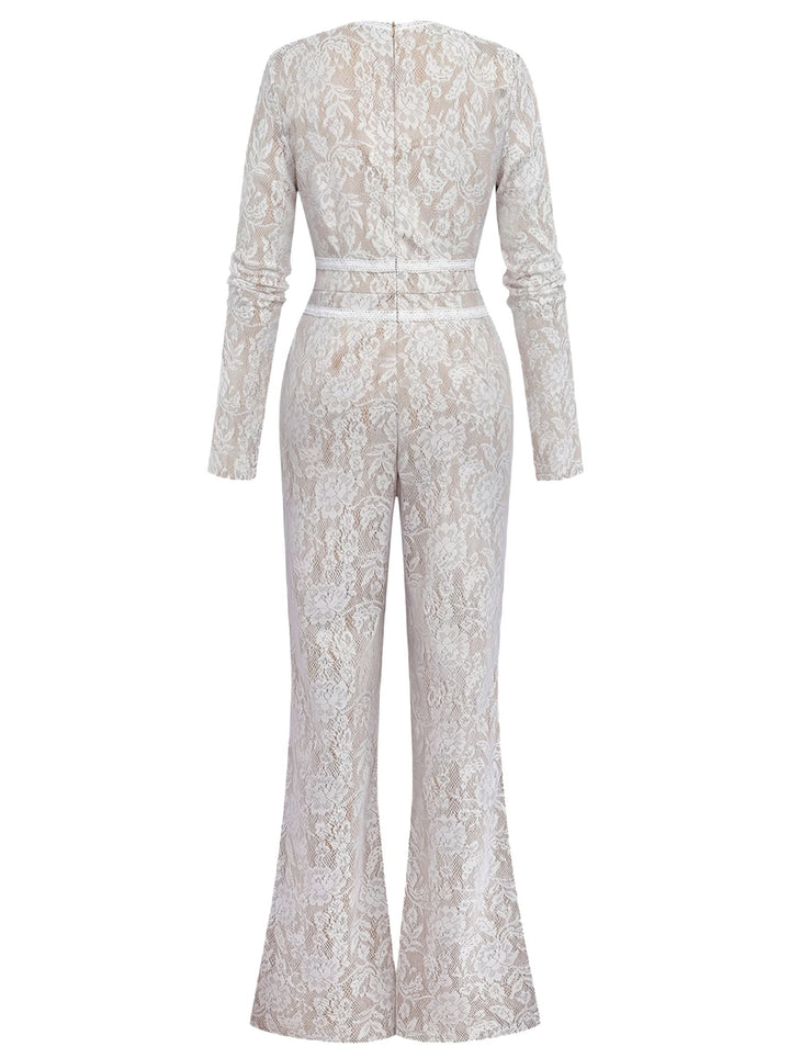 White 1970s Lace Long-Sleeve Flared Legs Jumpsuit - vintage jumpsuit, retro fashion, elegant red