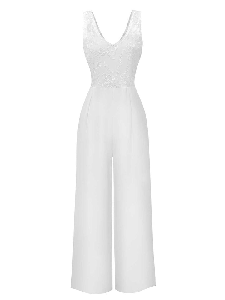 White 1970s Mesh Floral Embroidered Jumpsuit - vintage jumpsuit, retro fashion, elegant red