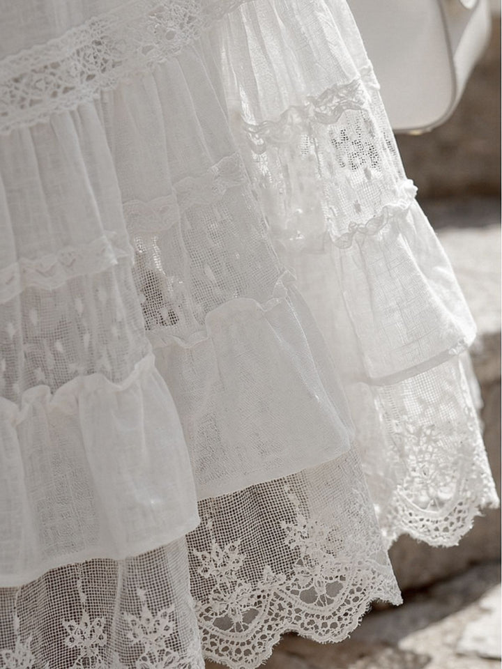 White 1970s Off-Shoulder Lace Tiered Boho Dress - vintage dress, retro fashion, elegant red