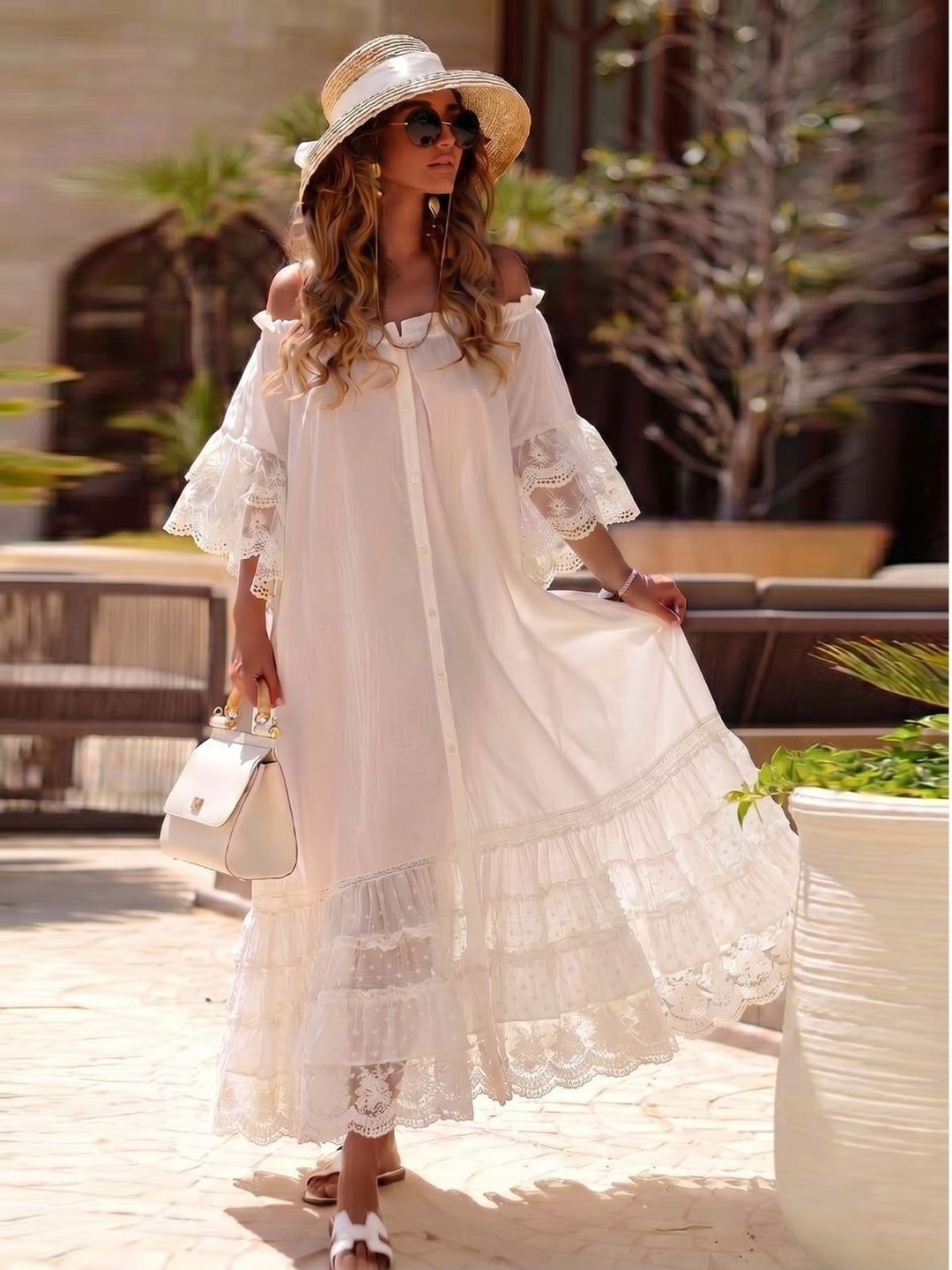 White 1970s Off-Shoulder Lace Tiered Boho Dress, vintage dress, retro fashion, lace detail - perfect for women who love vintage and retro fashion