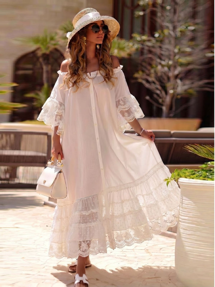 White 1970s Off-Shoulder Lace Tiered Boho Dress, vintage dress, retro fashion, lace detail - perfect for women who love vintage and retro fashion