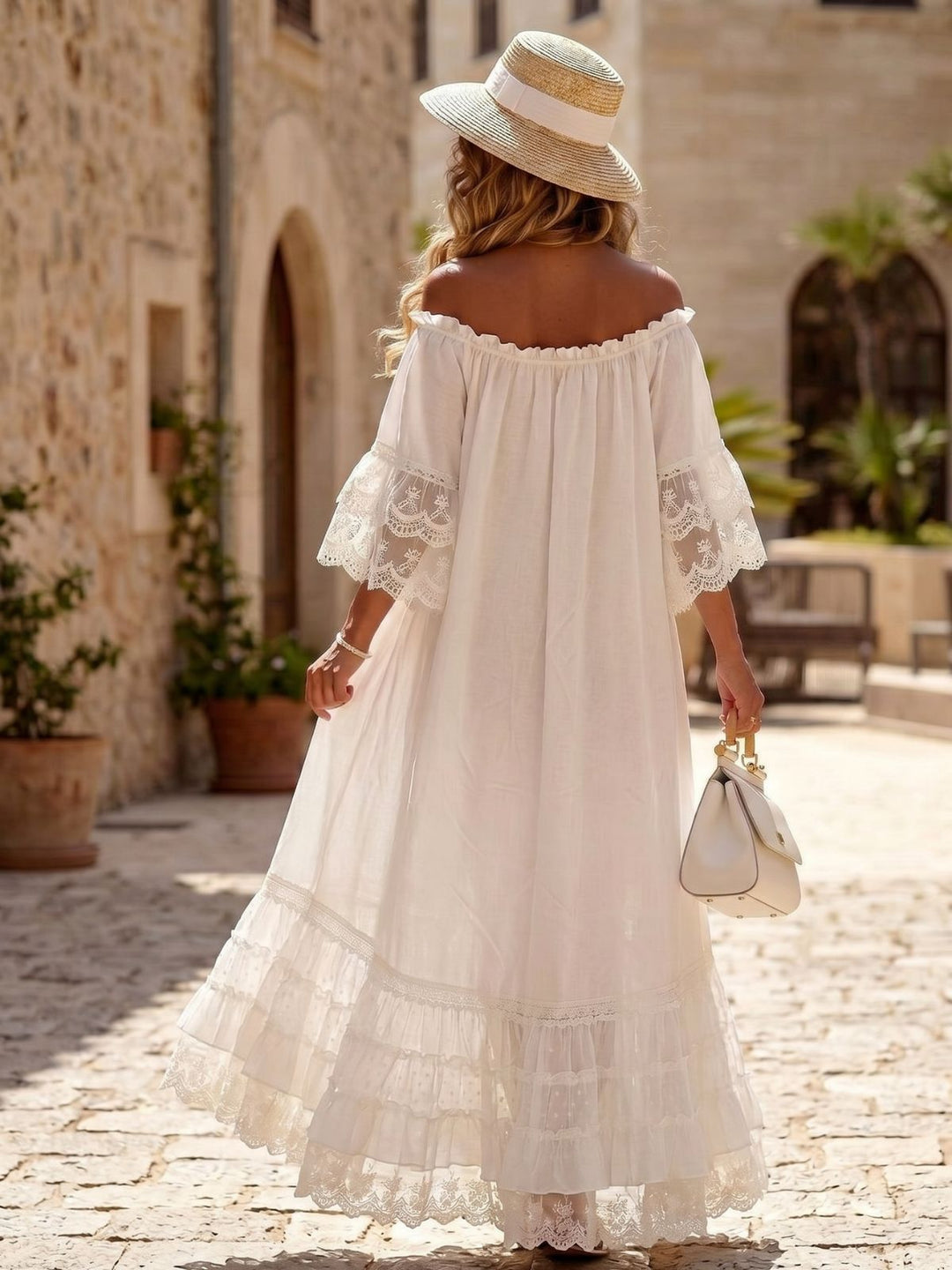 White 1970s Off-Shoulder Lace Tiered Boho Dress, vintage dress, retro fashion, lace detail - perfect for women who love vintage and retro fashion