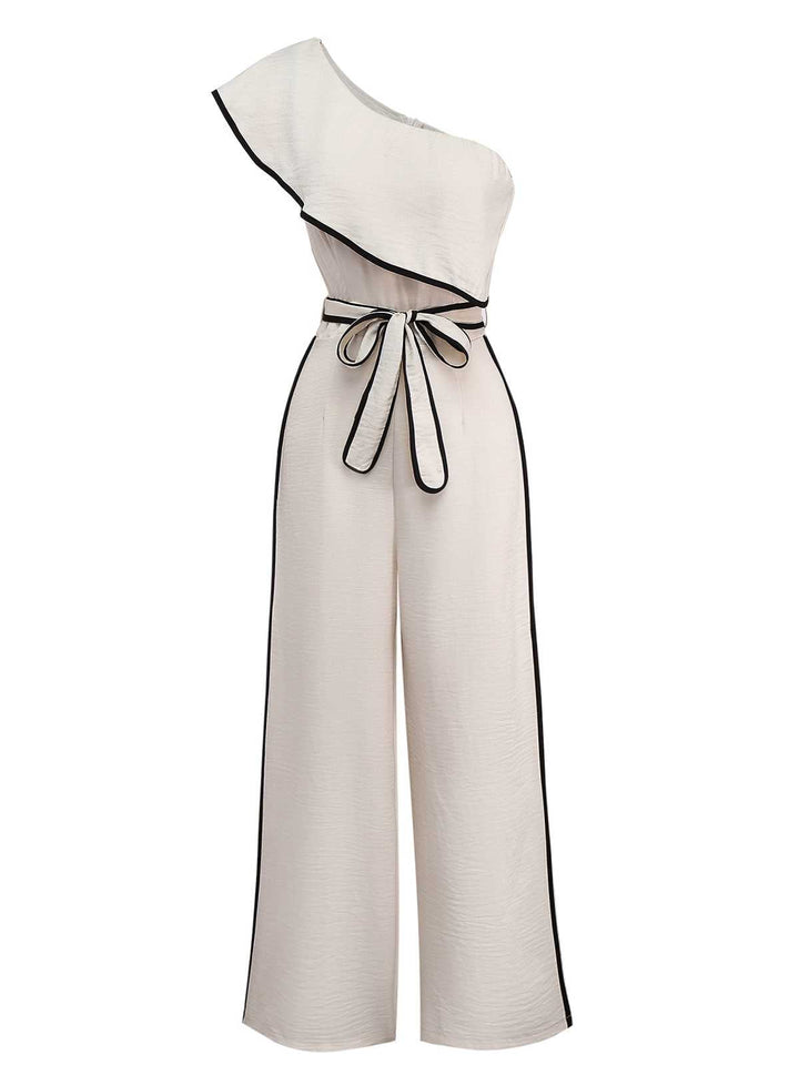 White 1970s One-Shoulder Ruffled Belted Jumpsuit - vintage jumpsuit, retro fashion, pure white