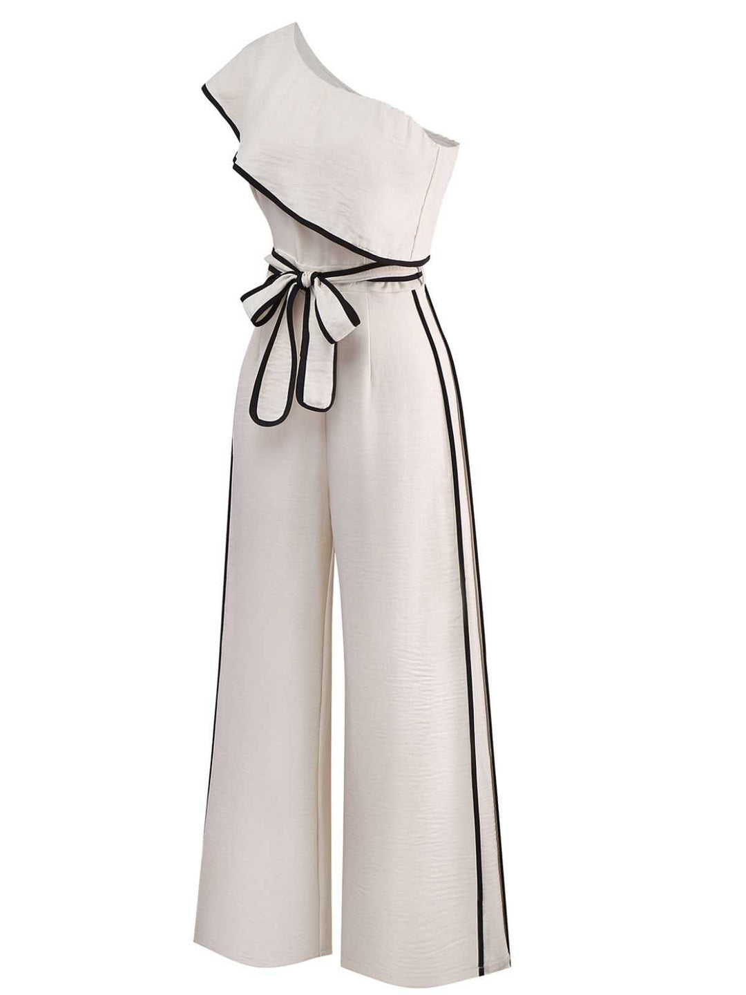 White 1970s One-Shoulder Ruffled Belted Jumpsuit - vintage jumpsuit, retro fashion, pure white
