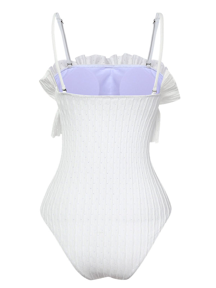 White 1970s Solid Ruffles Bandeau Swimsuit, vintage swimsuit, pin-up swimwear - perfect for women who love vintage and retro fashion
