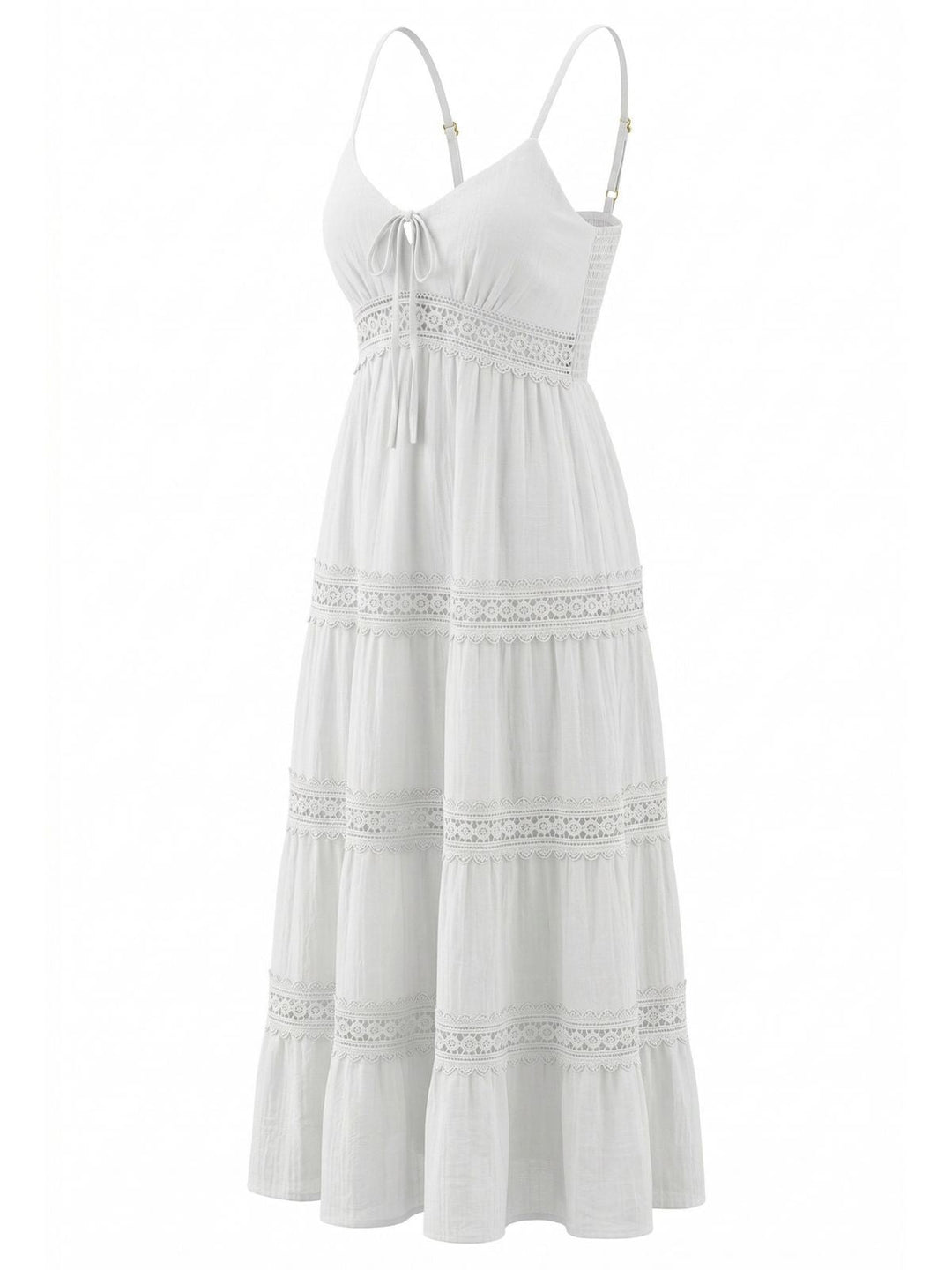 White 1970s Spaghetti Strap Boho Lace Tiered Dress | vintage dress, retro fashion, elegant style - perfect for retro fashion enthusiasts