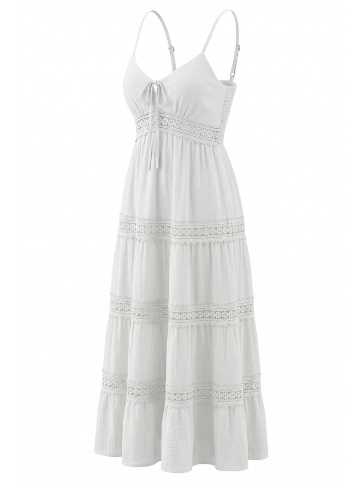 White 1970s Spaghetti Strap Boho Lace Tiered Dress | vintage dress, retro fashion, elegant style - perfect for retro fashion enthusiasts