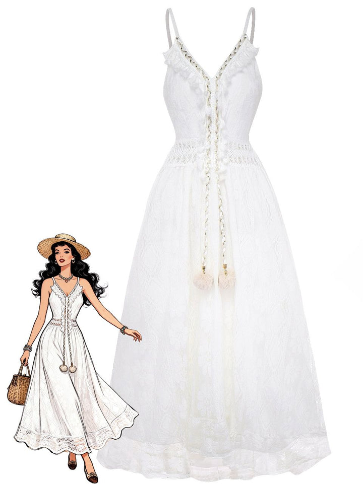 White 1970s V-Neck Boho Lace Maxi Dress - vintage dress, retro fashion, pure white