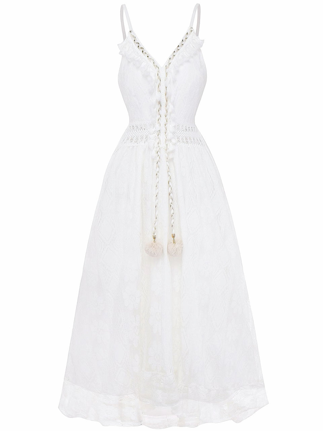 White 1970s V-Neck Boho Lace Maxi Dress - vintage dress, retro fashion, pure white