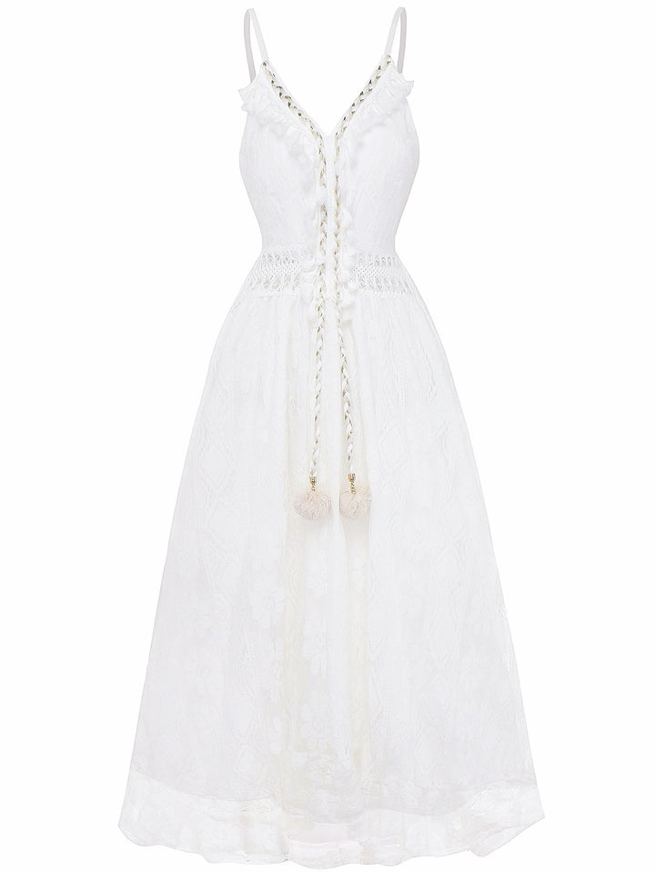White 1970s V-Neck Boho Lace Maxi Dress - vintage dress, retro fashion, pure white