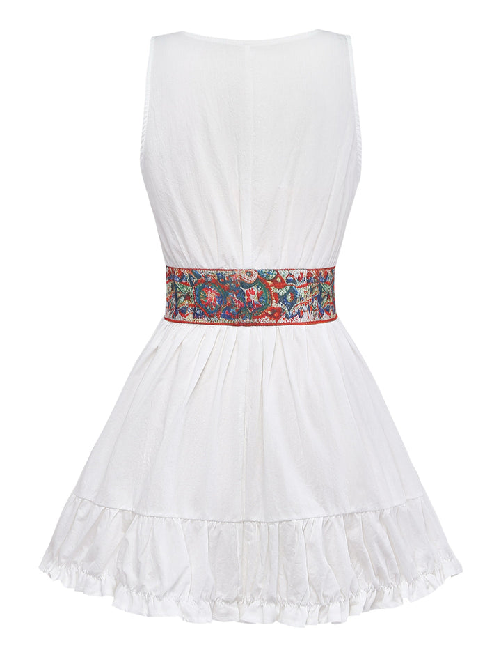 White 1970s V-Neck Sleeveless Boho Mini Dress