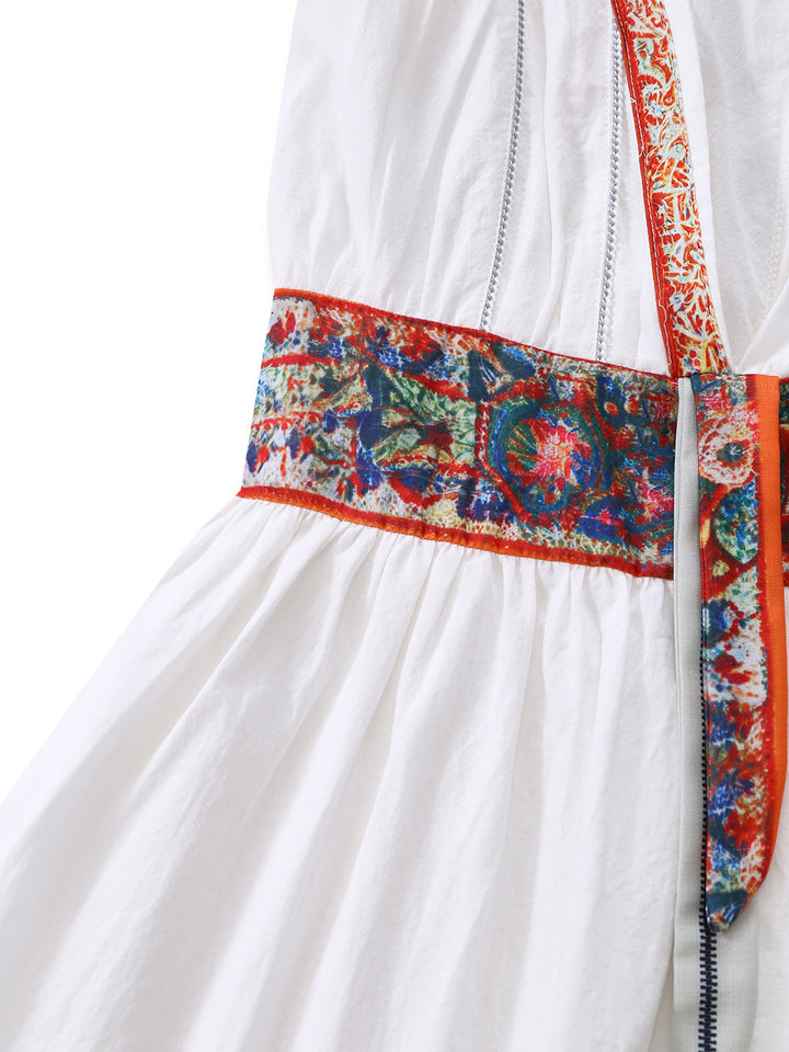 White 1970s V-Neck Sleeveless Boho Mini Dress 4