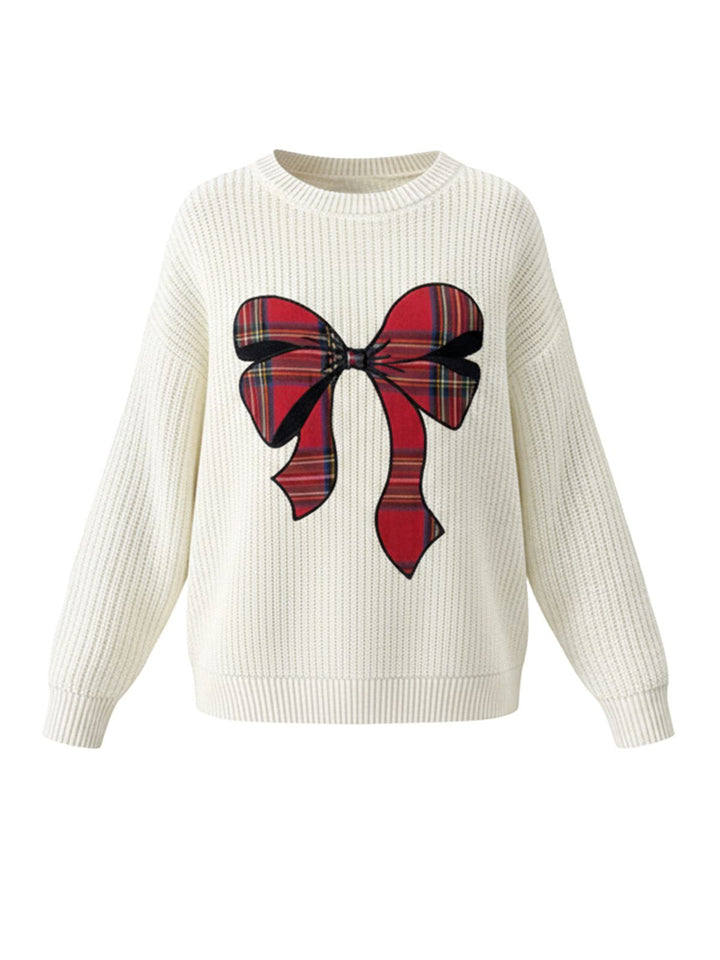 White 1980s Christmas Plaid Bow Round Neck Sweater - vintage fashion, style, pure white